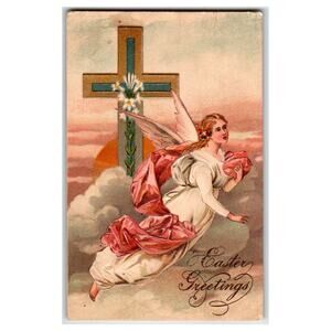 1909 Easter Greetings Angel Cross Lilies Embossed Postcard Germany